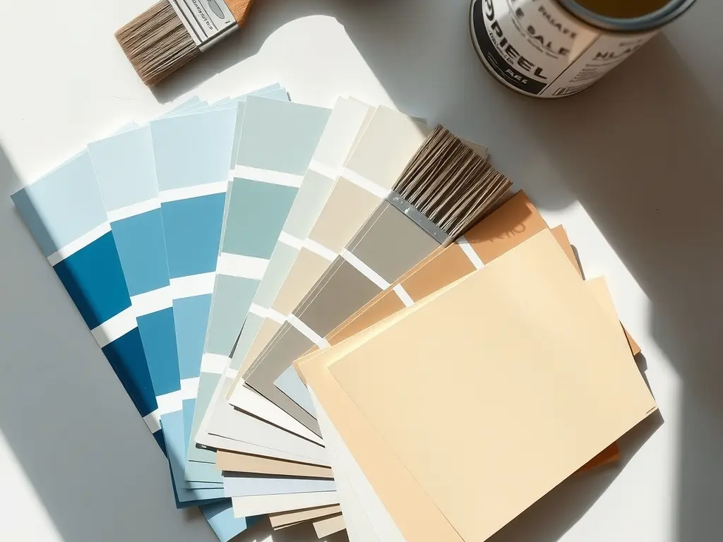 Paint colour swatches fanned out beside a brush