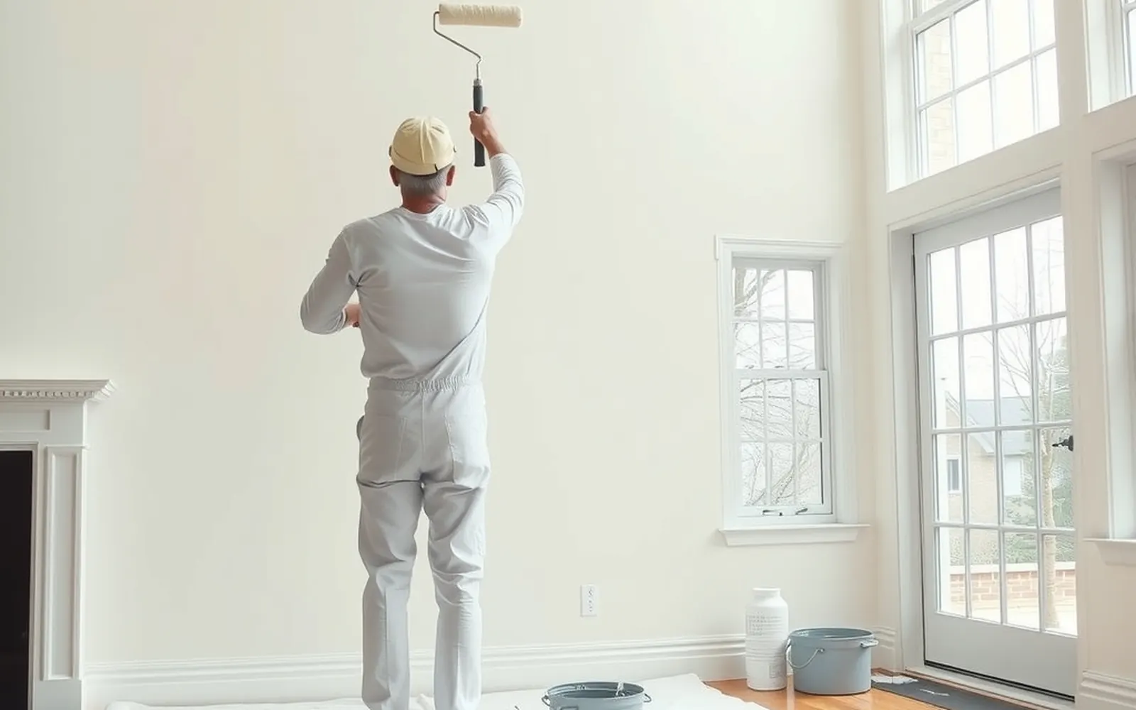 A painter rolling a fresh coat onto a living room wall in a bright Framingham home