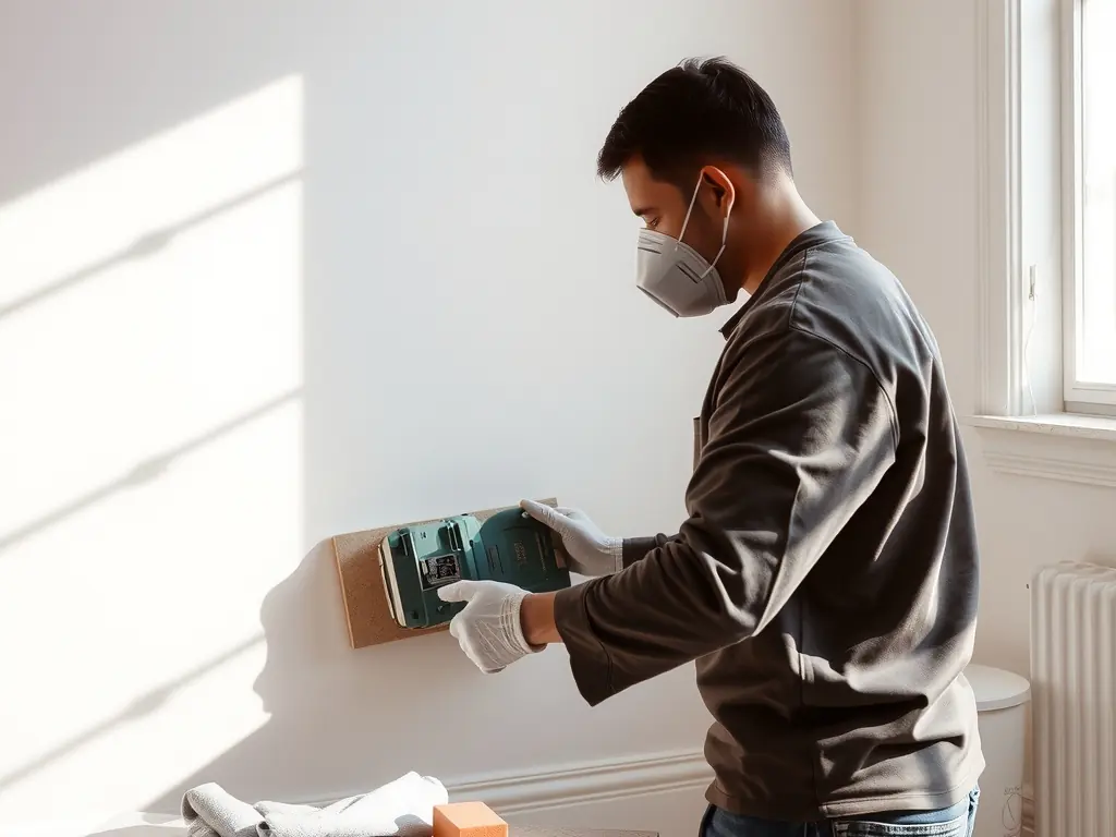 A painter patching and sanding a wall before paint